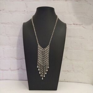 VTG Silver Tone Chainmail Waterfall Choker Necklace w/ Crystal Drops Adjustable